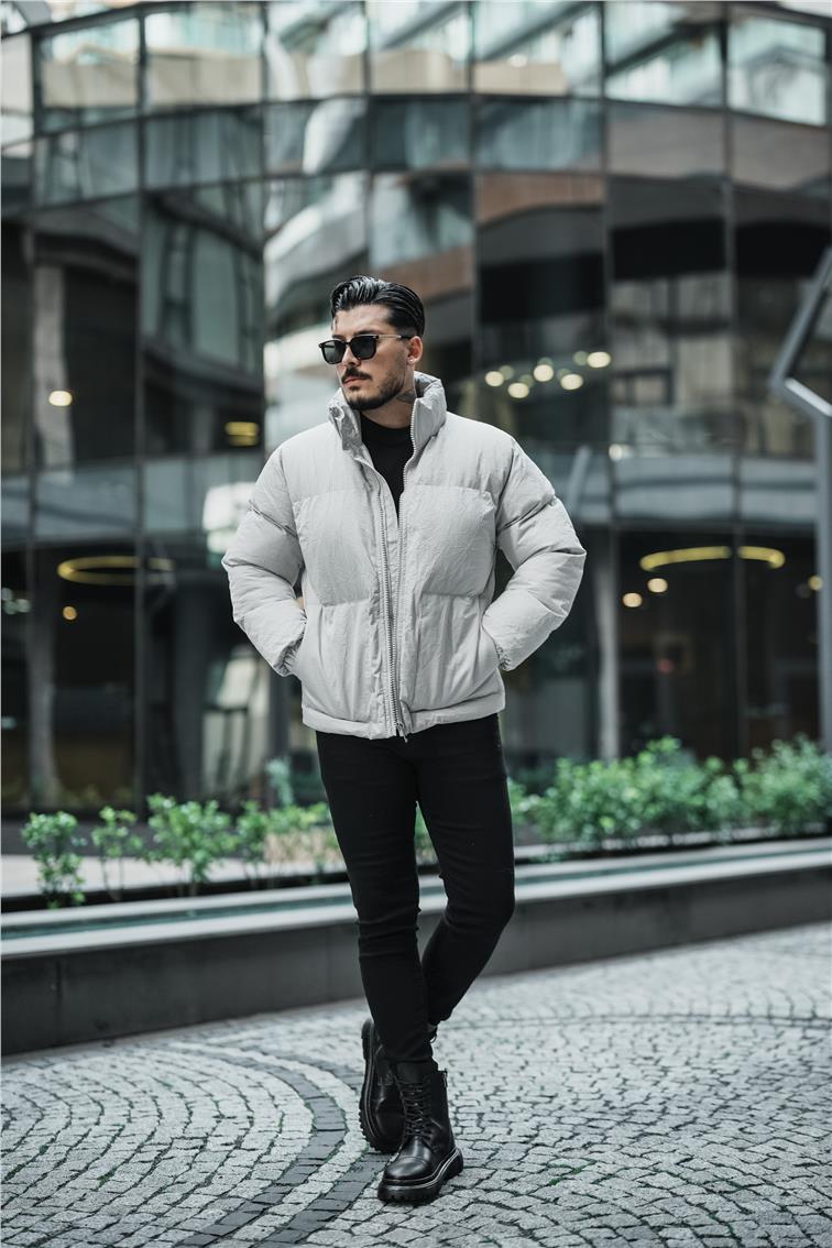 Su Geçirmez Kırışık Kumaş Oversize Şişme Mont Gri