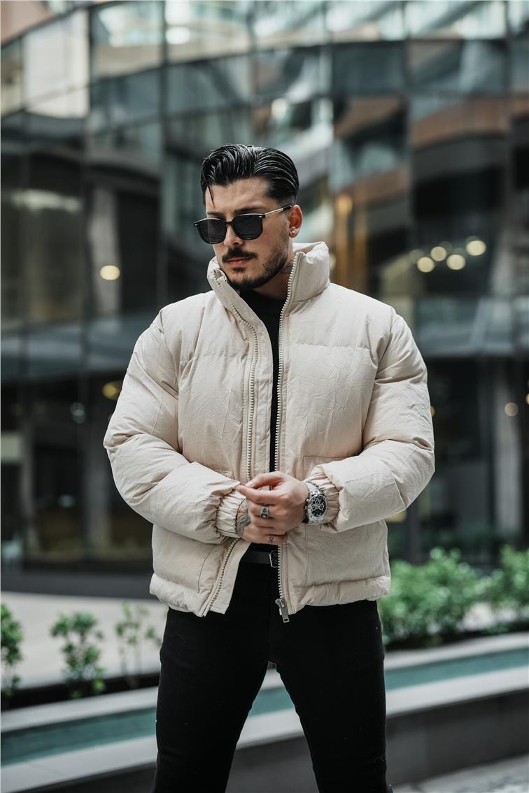 Su Geçirmez Kırışık Kumaş Oversize Şişme Mont Bej