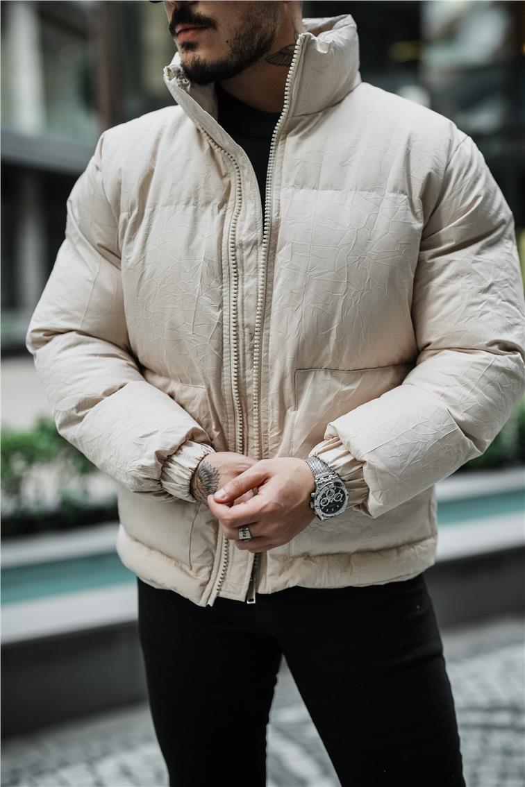Su Geçirmez Kırışık Kumaş Oversize Şişme Mont Bej