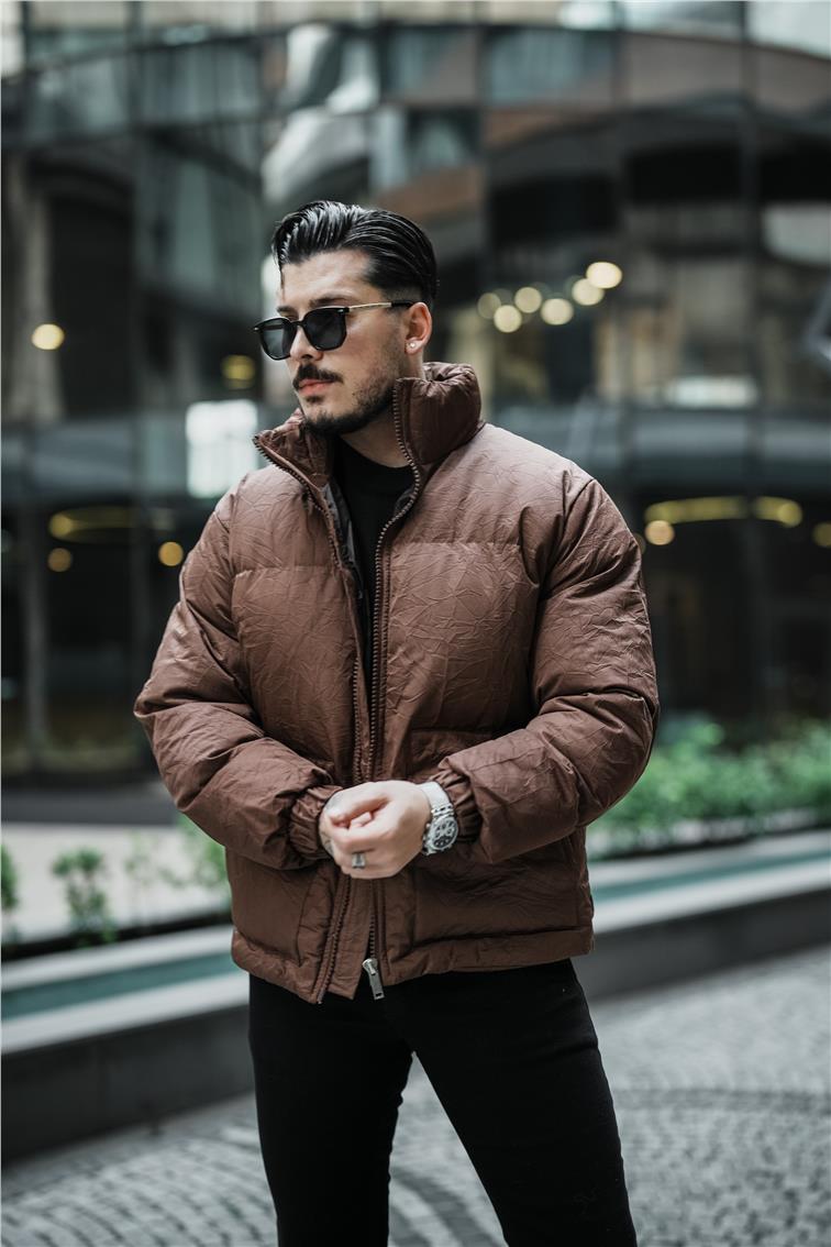 Su Geçirmez Kırışık Kumaş Oversize Şişme Mont Kahve