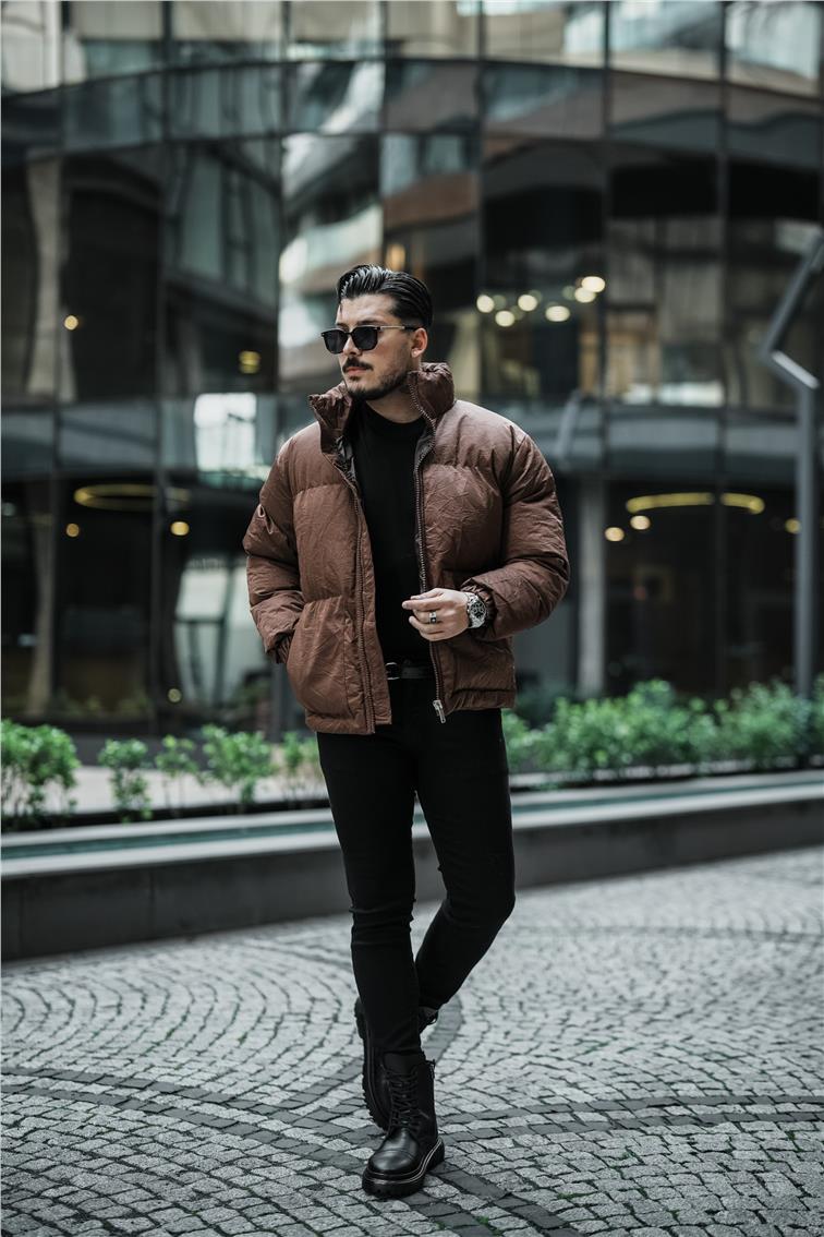 Su Geçirmez Kırışık Kumaş Oversize Şişme Mont Kahve