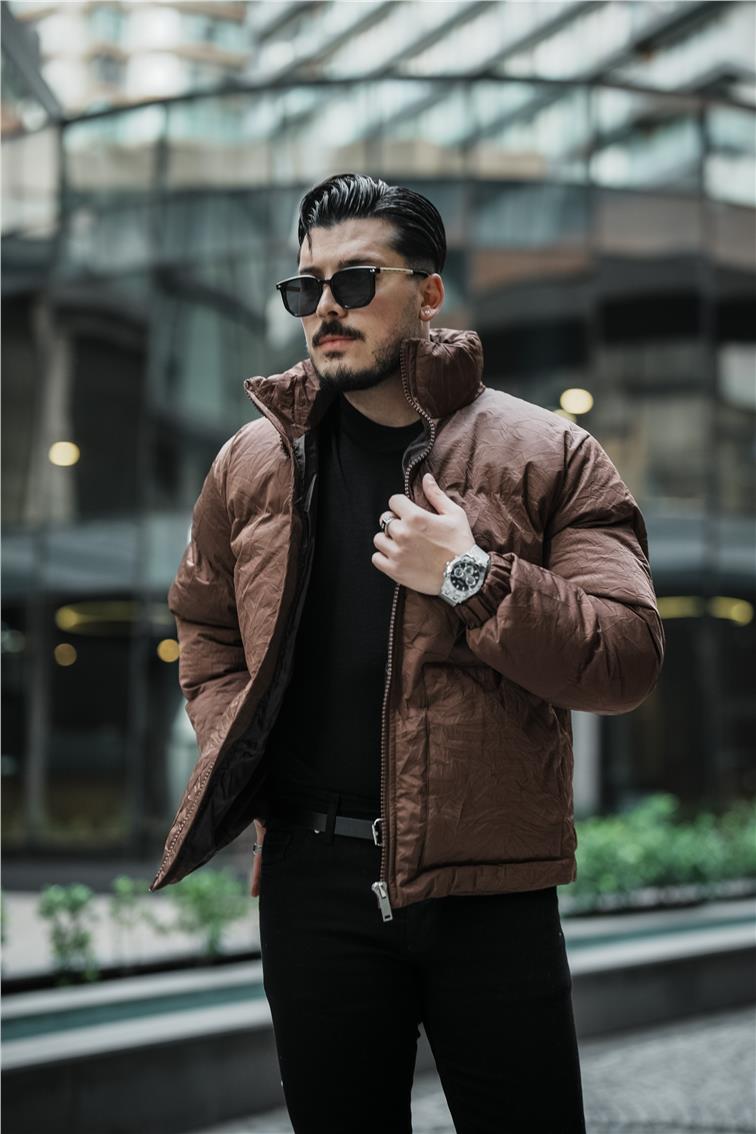 Su Geçirmez Kırışık Kumaş Oversize Şişme Mont Kahve