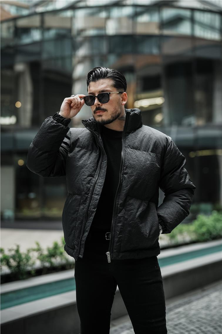 Su Geçirmez Kırışık Kumaş Oversize Şişme Mont Siyah