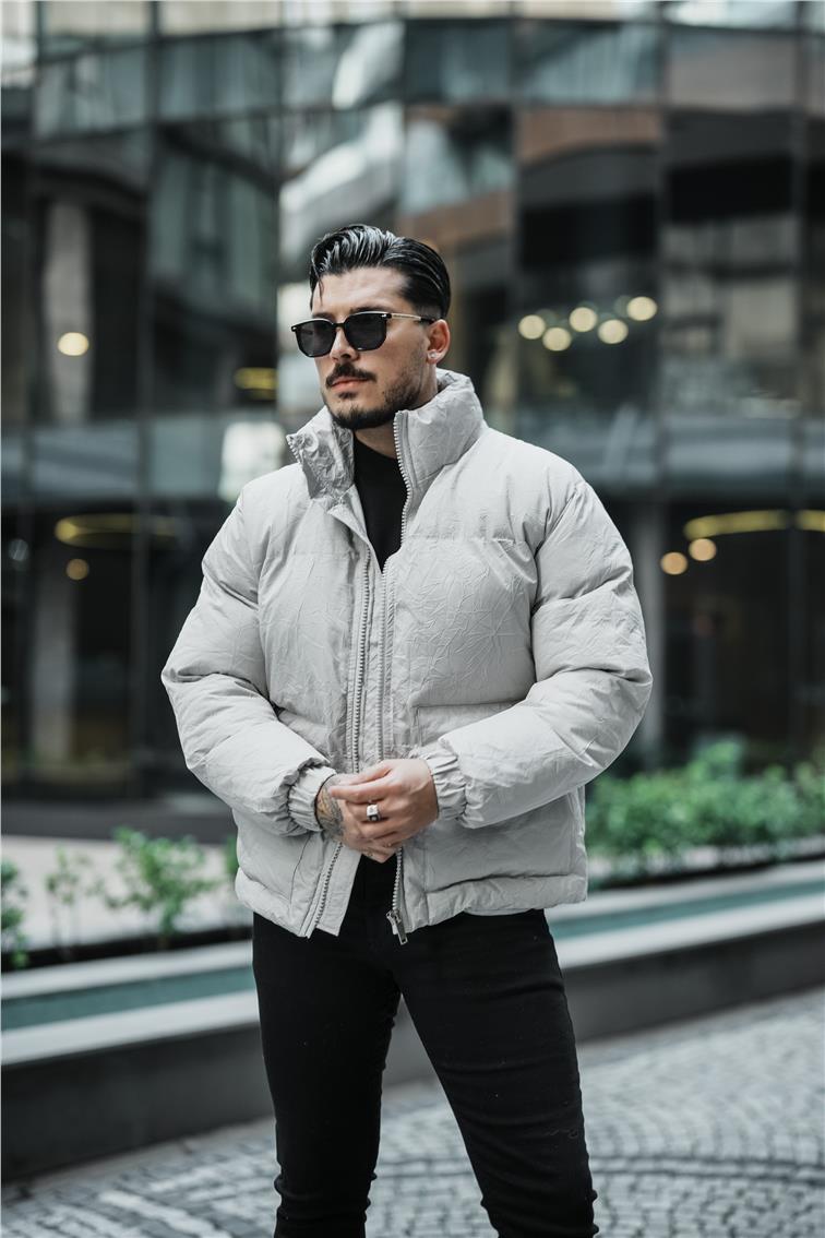 Su Geçirmez Kırışık Kumaş Oversize Şişme Mont Gri