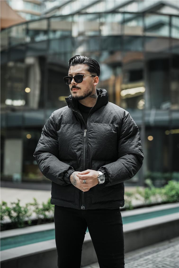 Su Geçirmez Kırışık Kumaş Oversize Şişme Mont Siyah