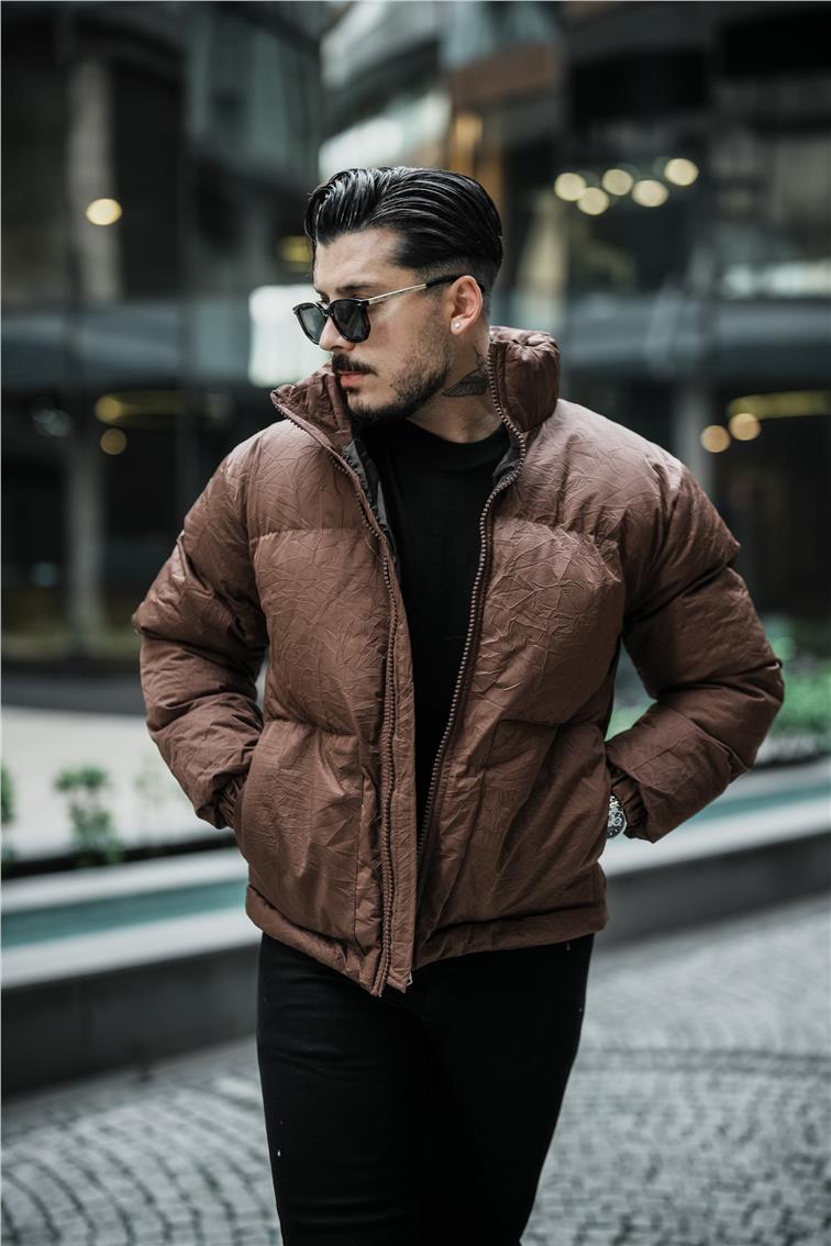 Su Geçirmez Kırışık Kumaş Oversize Şişme Mont Kahve