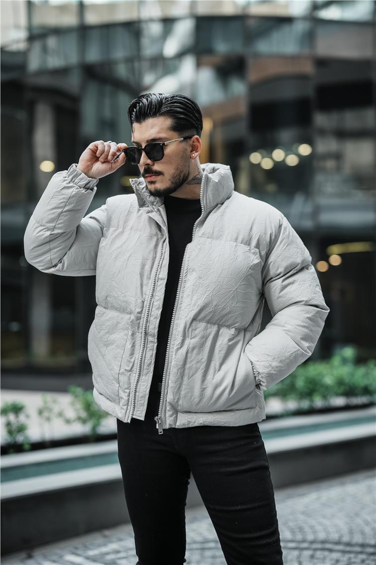 Su Geçirmez Kırışık Kumaş Oversize Şişme Mont Gri