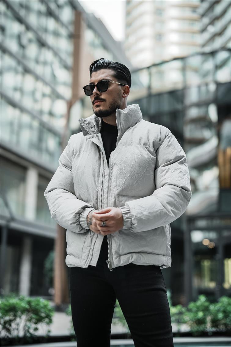 Su Geçirmez Kırışık Kumaş Oversize Şişme Mont Gri