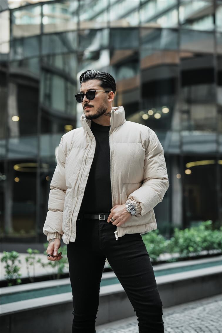 Su Geçirmez Kırışık Kumaş Oversize Şişme Mont Bej
