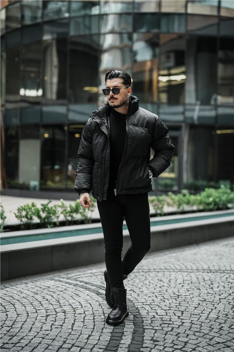 Su Geçirmez Kırışık Kumaş Oversize Şişme Mont Siyah