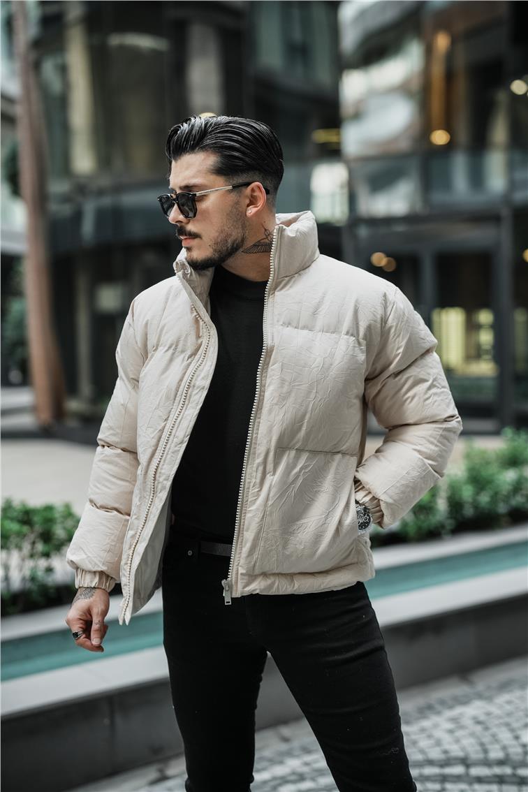 Su Geçirmez Kırışık Kumaş Oversize Şişme Mont Bej