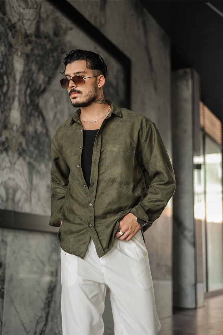 Süet Oversize Gömlek Haki