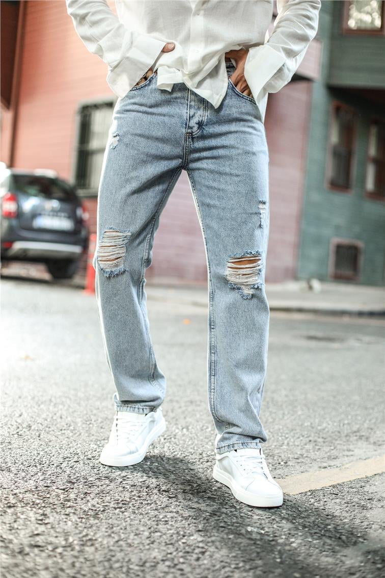 Taşlamalı Dizi Yırtık Baggy Jean Yıkamalı Mavi