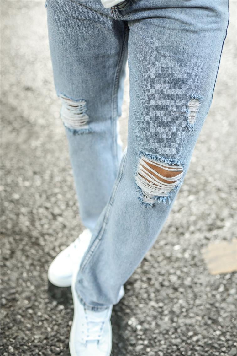 Taşlamalı Dizi Yırtık Baggy Jean Yıkamalı Mavi