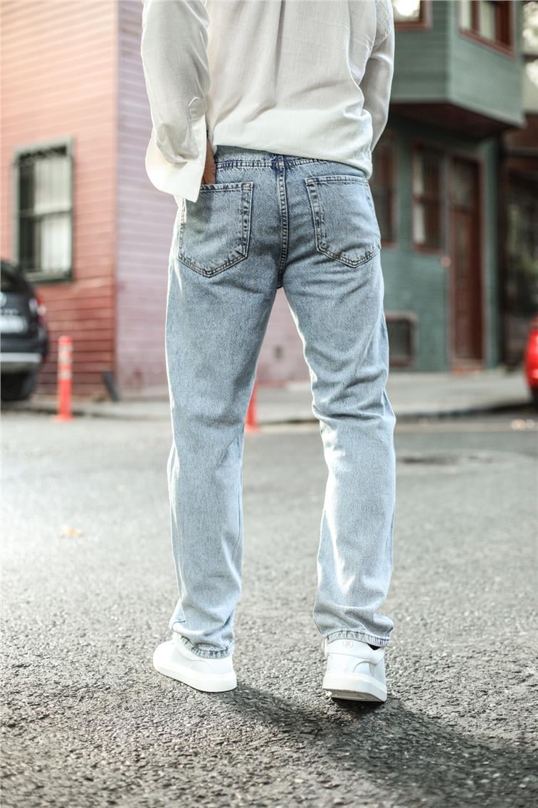 Taşlamalı Dizi Yırtık Baggy Jean Yıkamalı Mavi