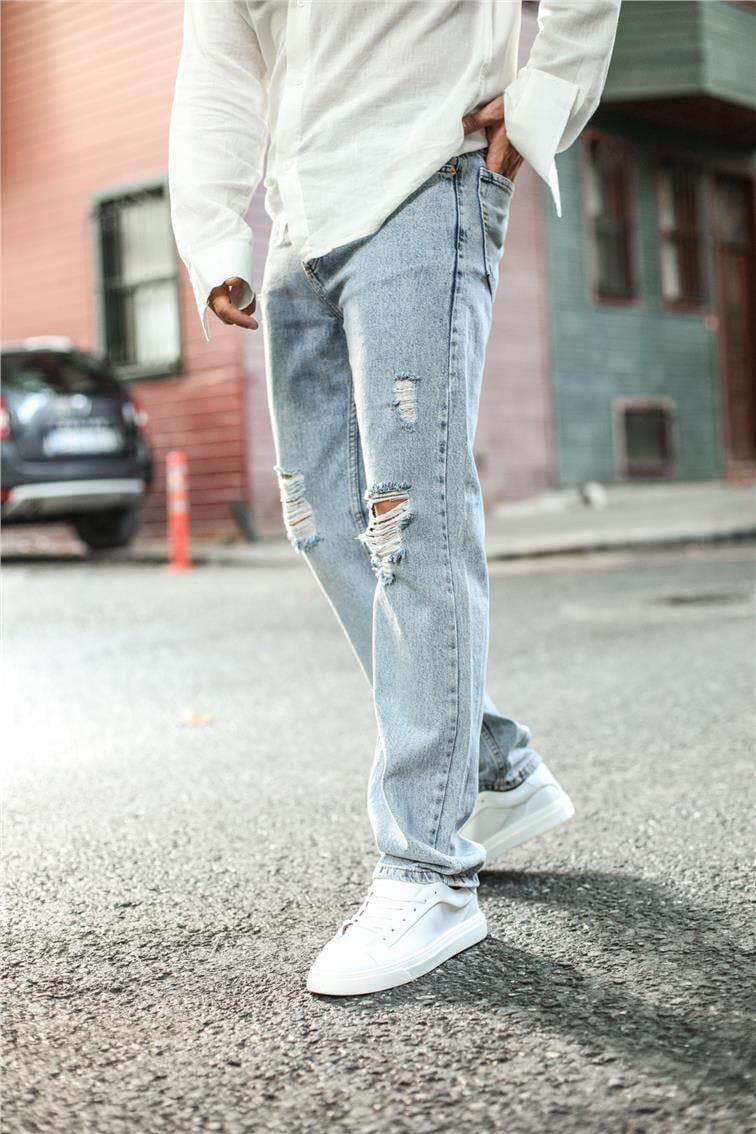 Taşlamalı Dizi Yırtık Baggy Jean Yıkamalı Mavi