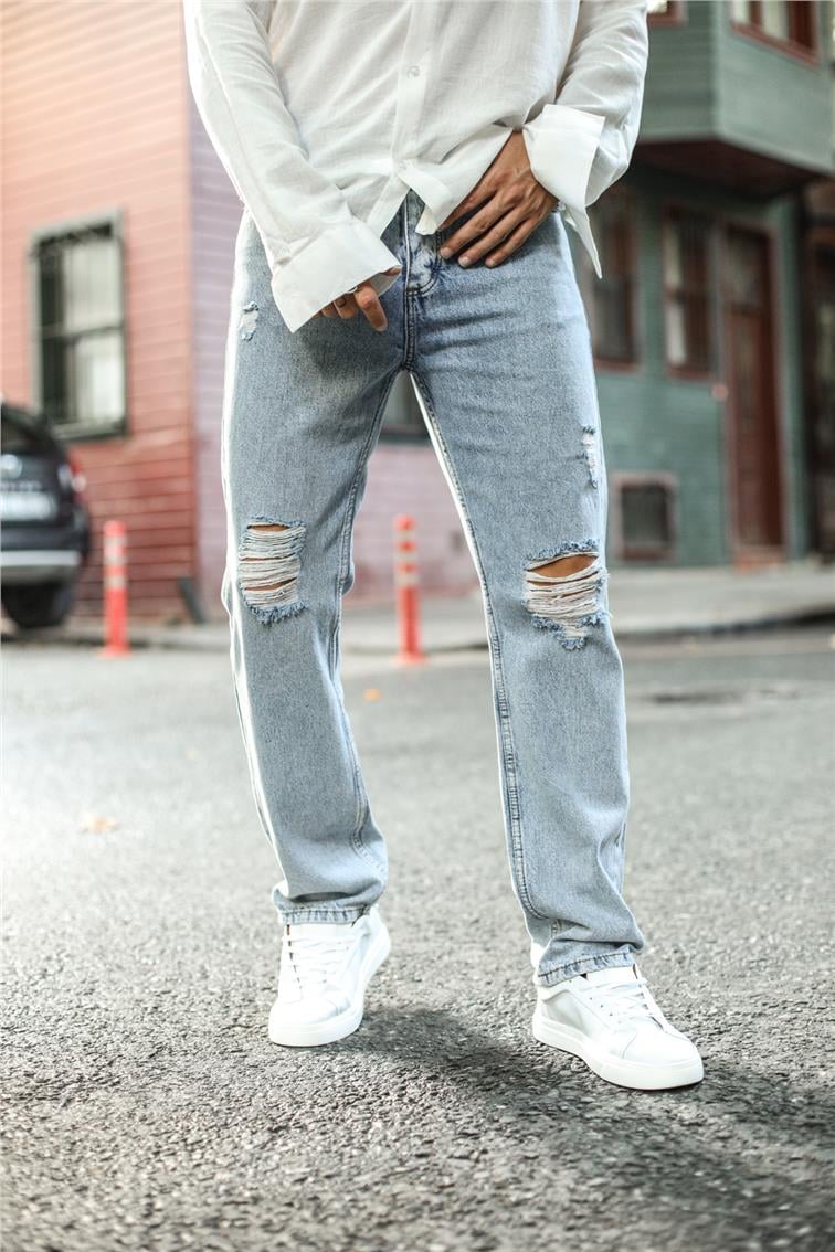 Taşlamalı Dizi Yırtık Baggy Jean Yıkamalı Mavi