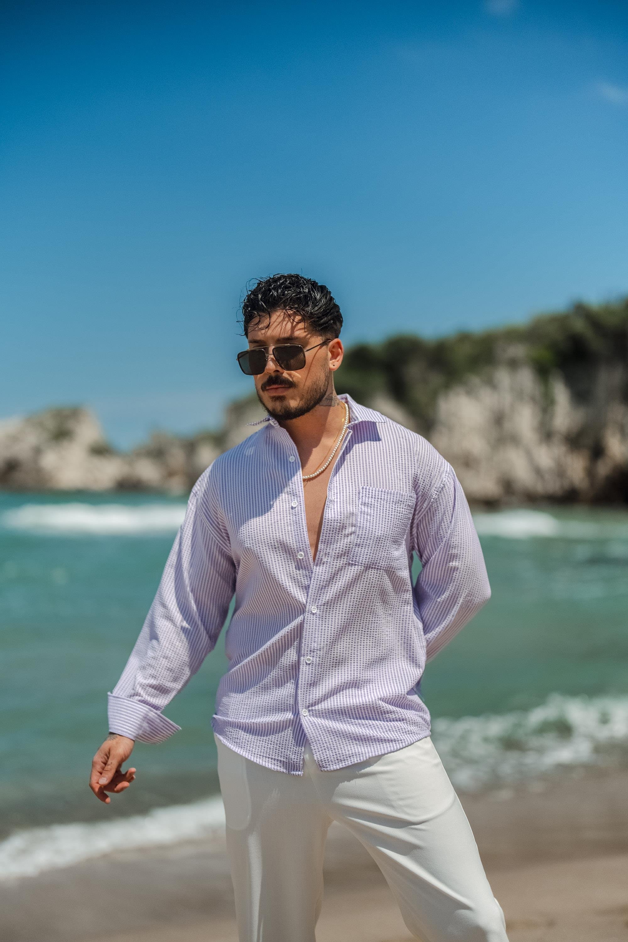 Tek Cep Kabartmalı Uzun Kollu Gömlek Lila