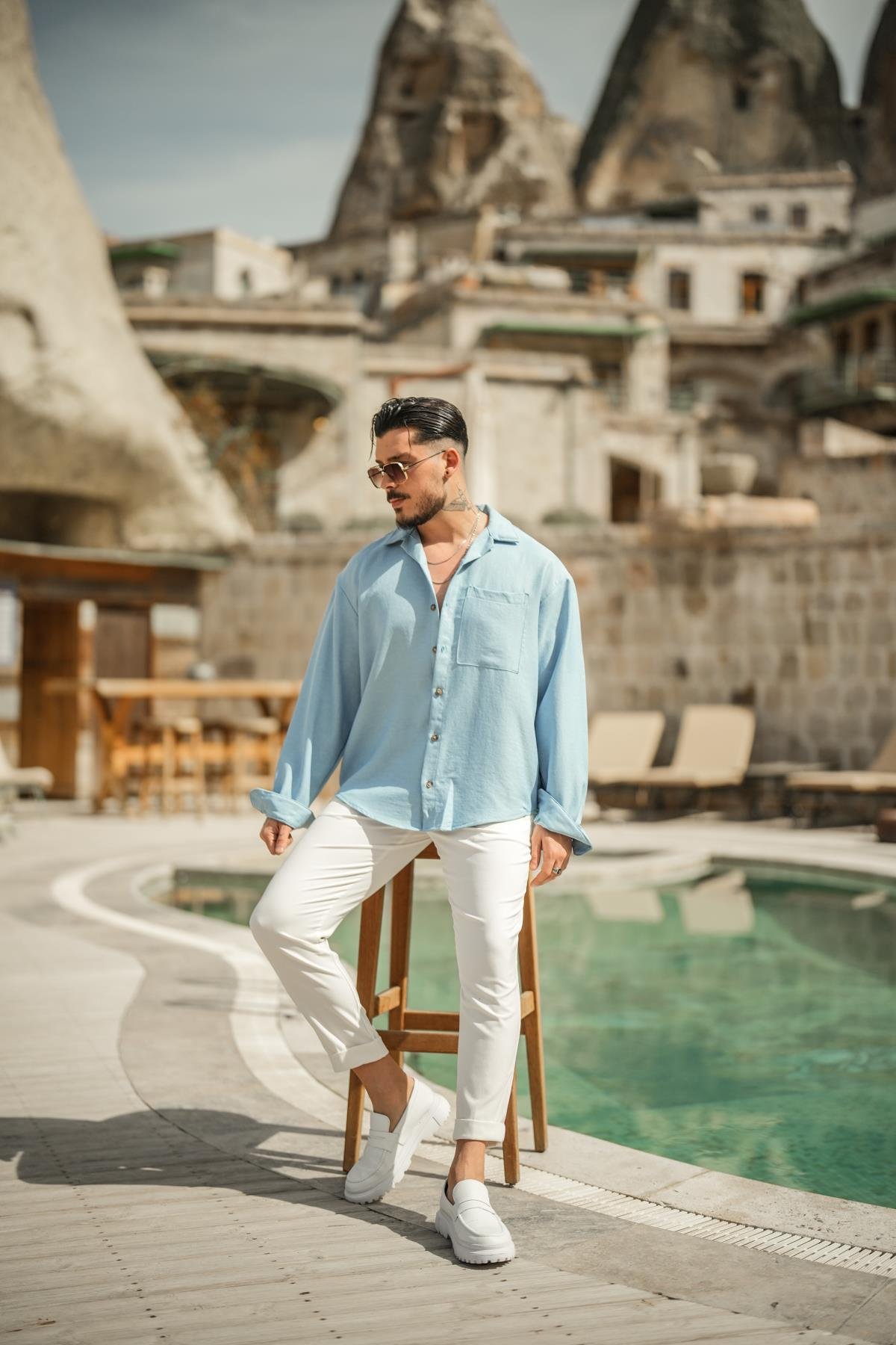 Tek Cepli Oversize Basic Gömlek Açık Mavi