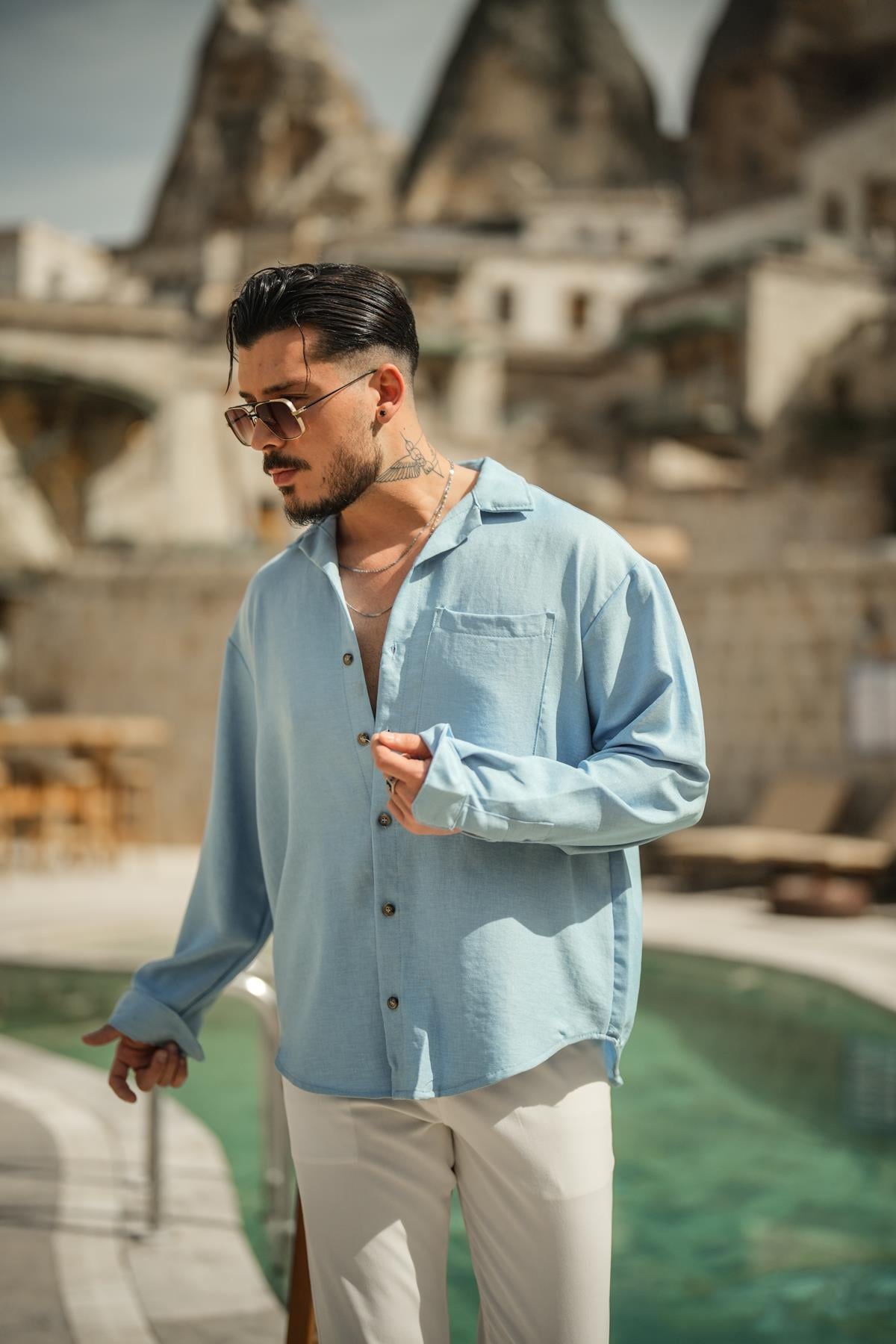 Tek Cepli Oversize Basic Gömlek Açık Mavi