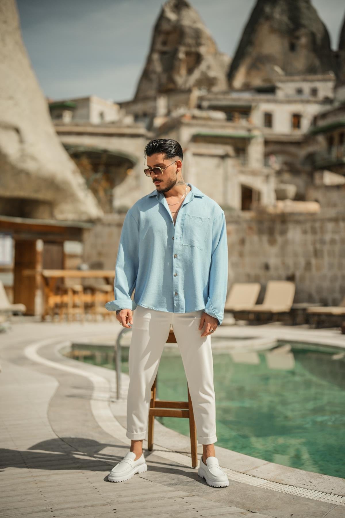 Tek Cepli Oversize Basic Gömlek Açık Mavi