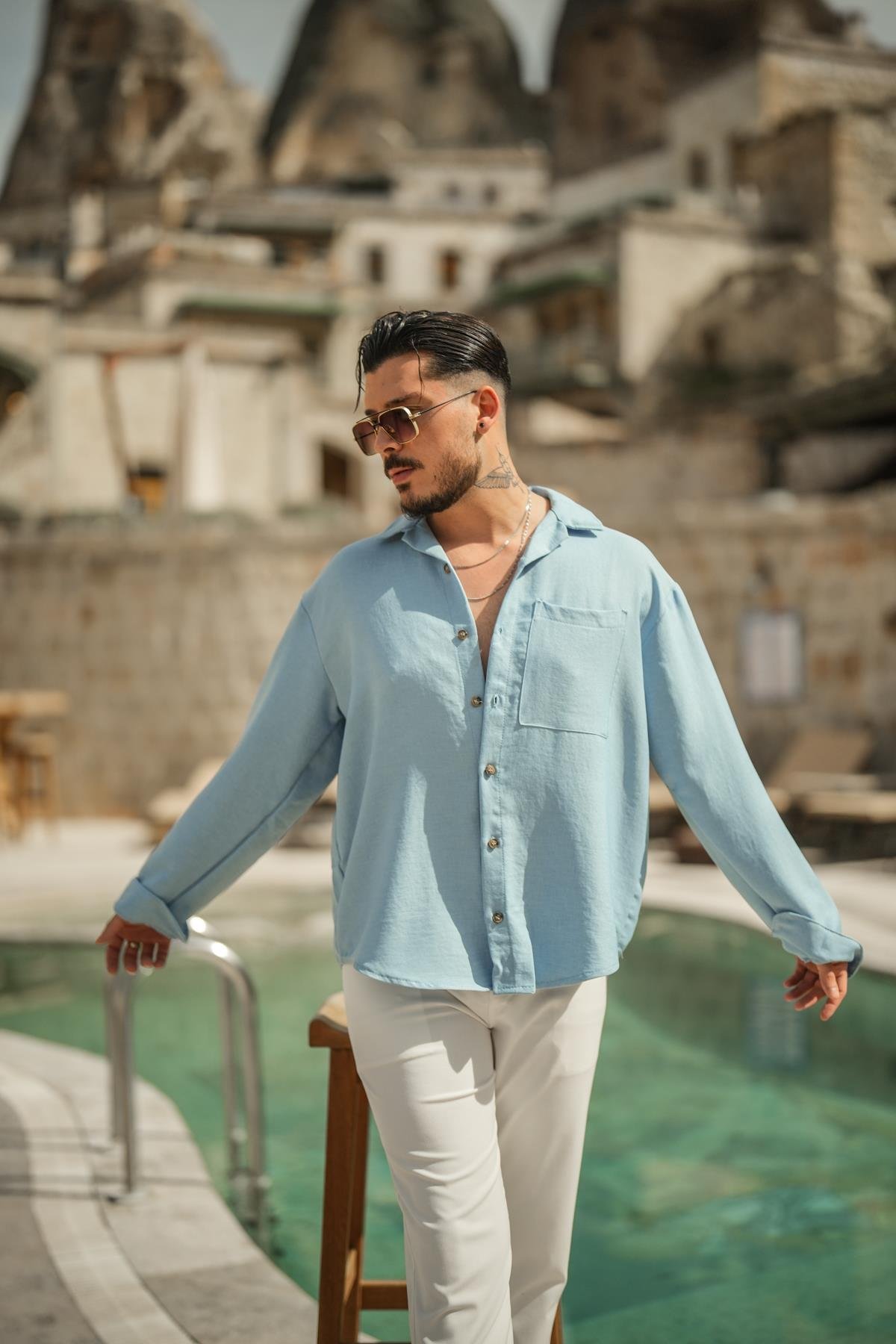 Tek Cepli Oversize Basic Gömlek Açık Mavi