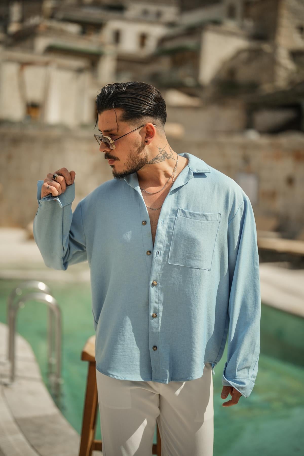 Tek Cepli Oversize Basic Gömlek Açık Mavi