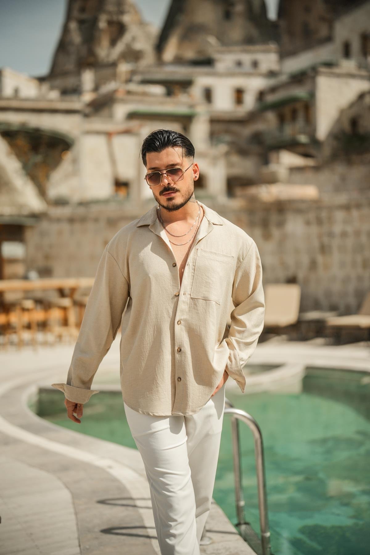 Tek Cepli Oversize Basic Gömlek Bej