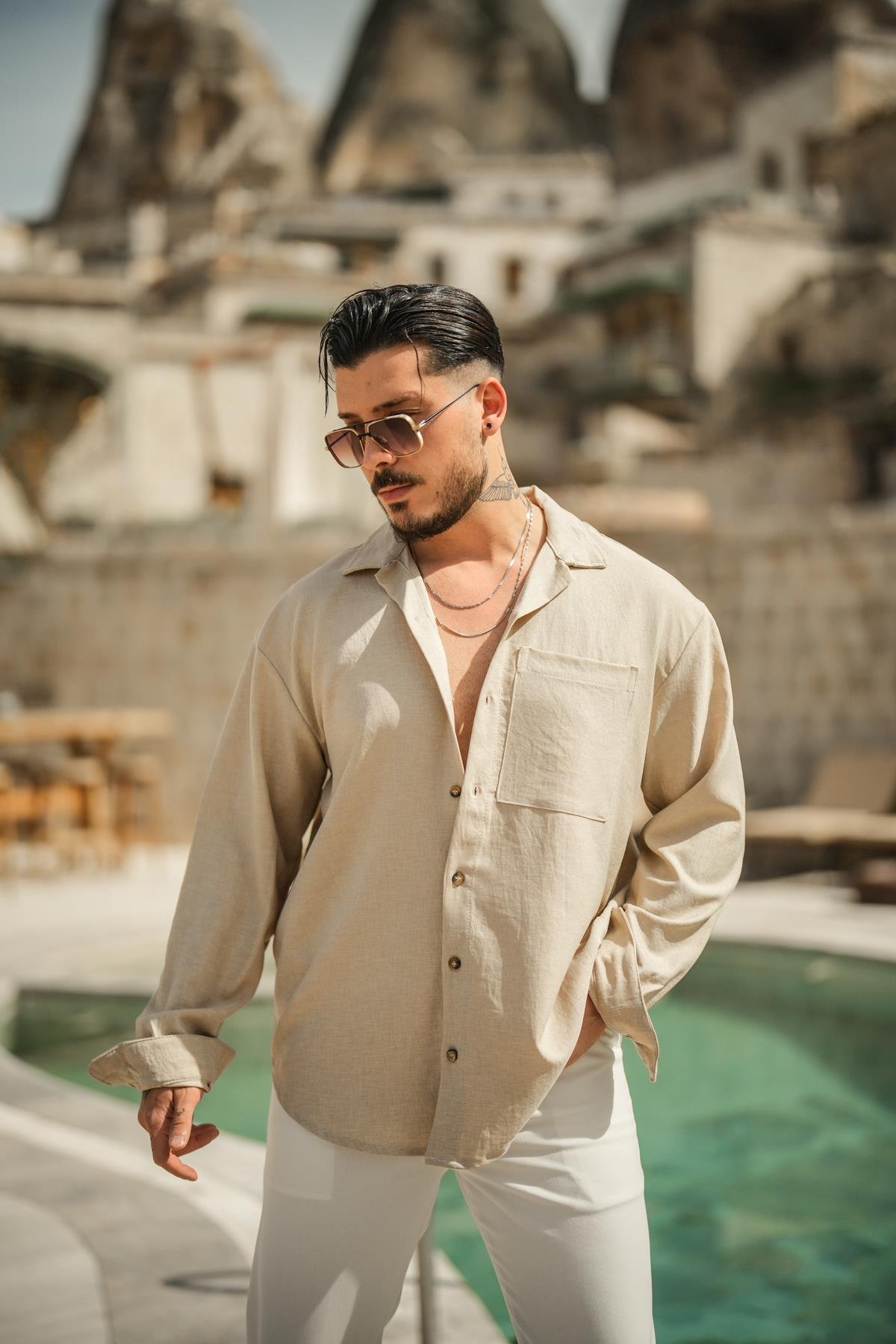 Tek Cepli Oversize Basic Gömlek Bej