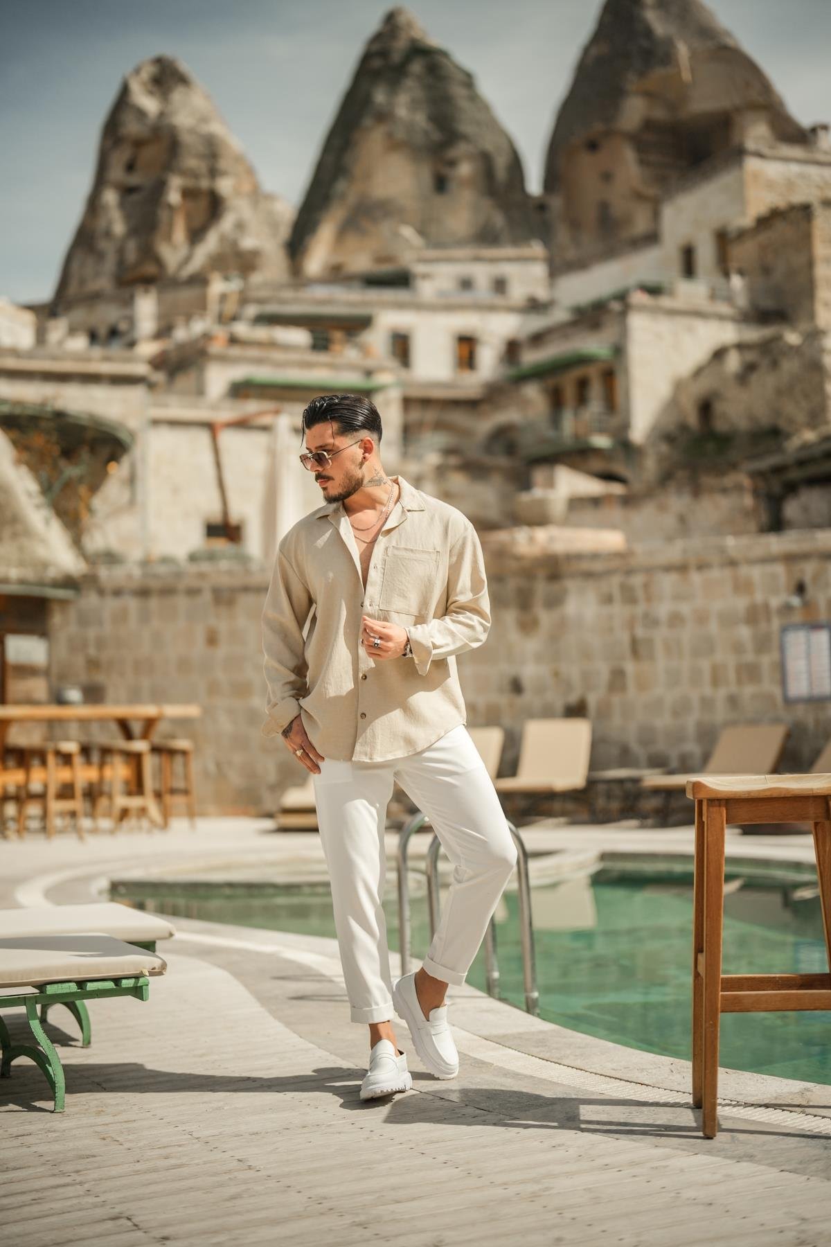 Tek Cepli Oversize Basic Gömlek Bej