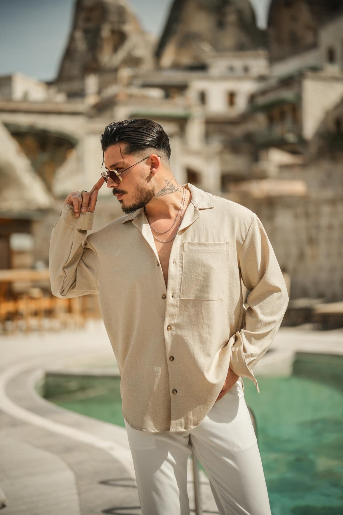 Tek Cepli Oversize Basic Gömlek Bej