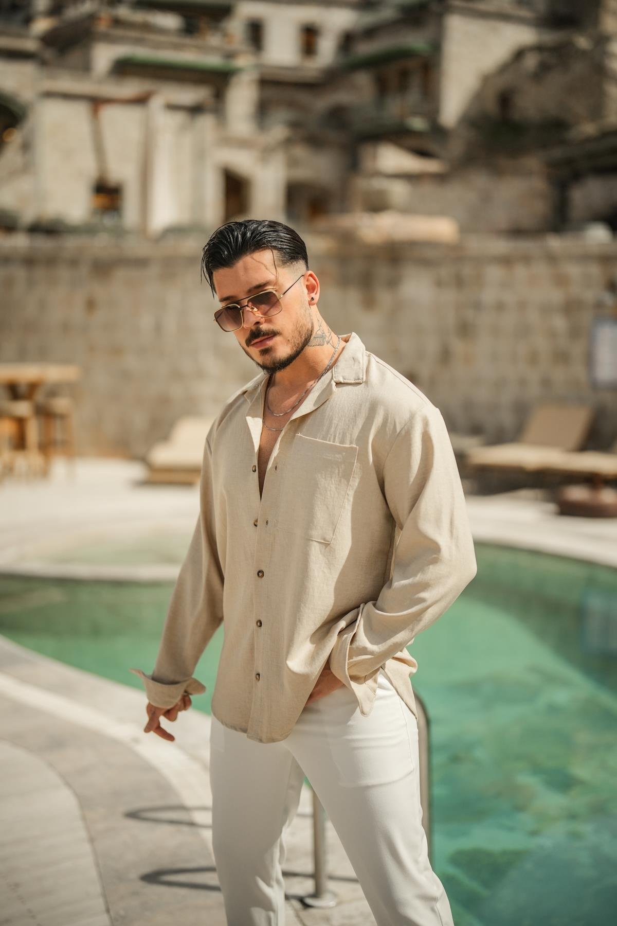 Tek Cepli Oversize Basic Gömlek Bej