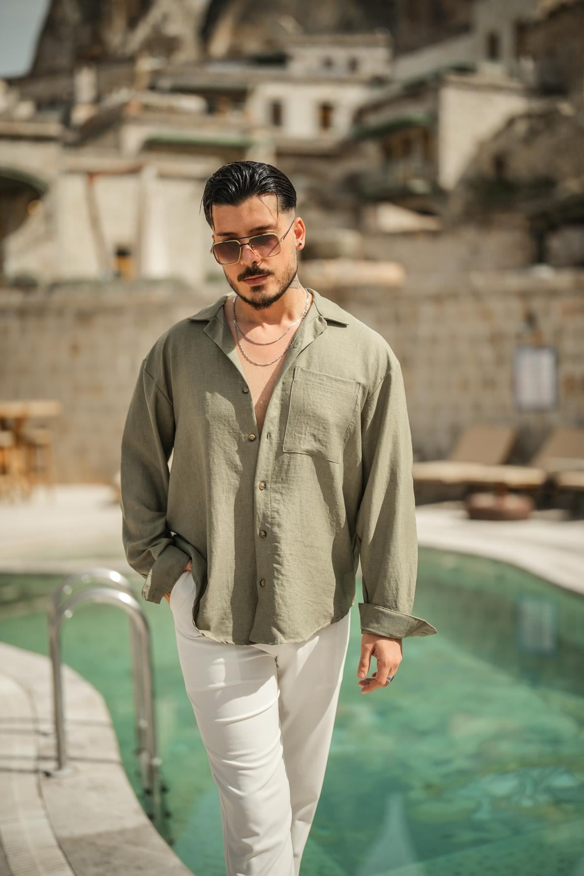 Tek Cepli Oversize Basic Gömlek Haki
