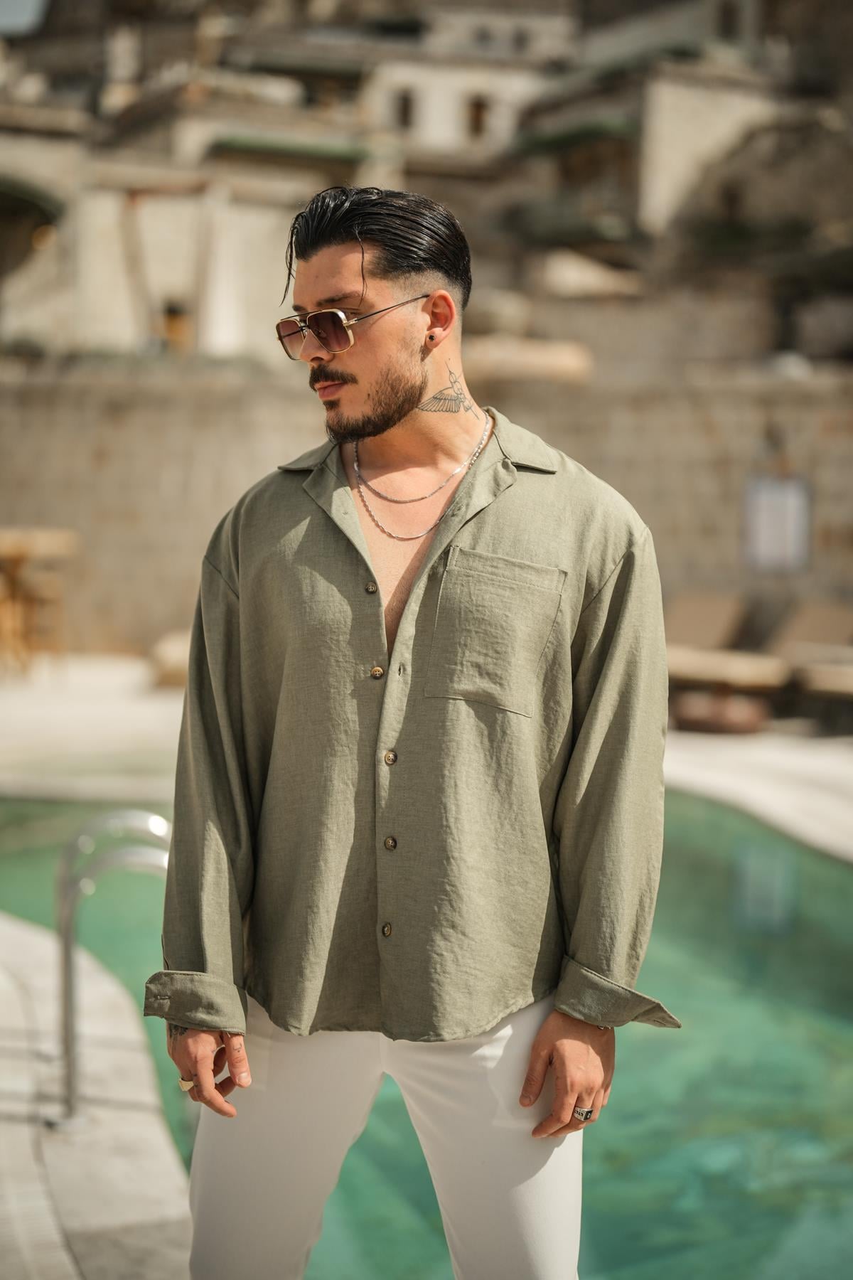 Tek Cepli Oversize Basic Gömlek Haki