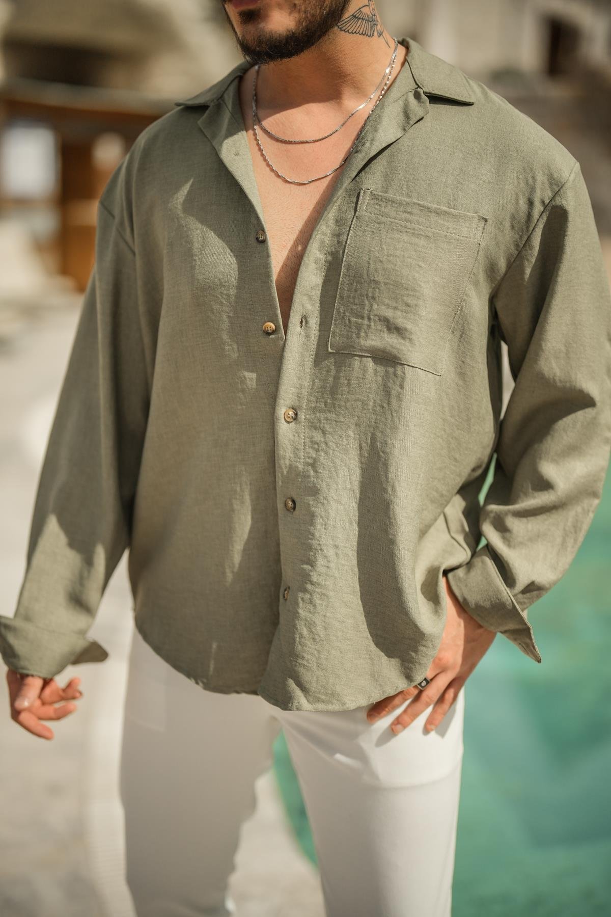Tek Cepli Oversize Basic Gömlek Haki