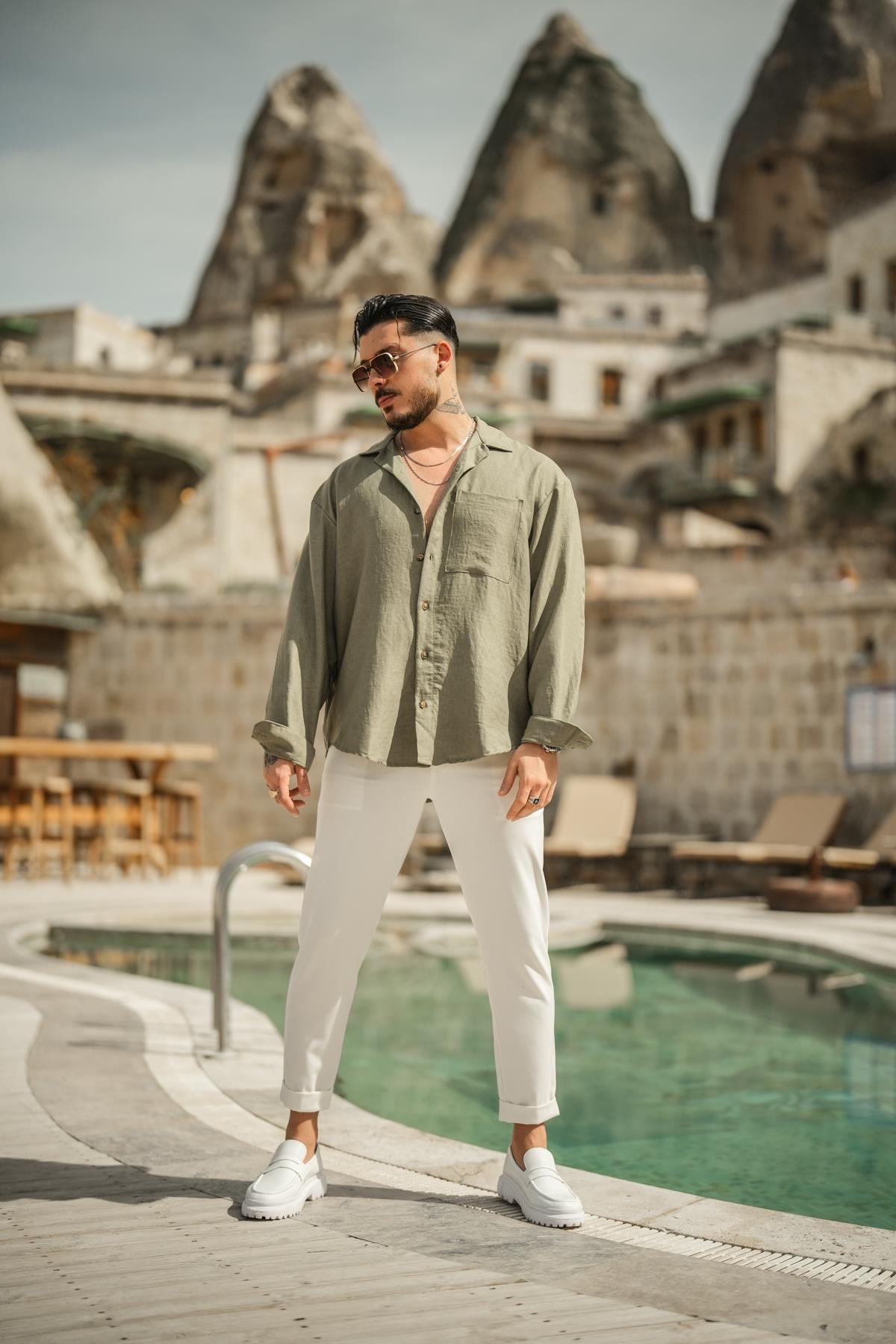 Tek Cepli Oversize Basic Gömlek Haki
