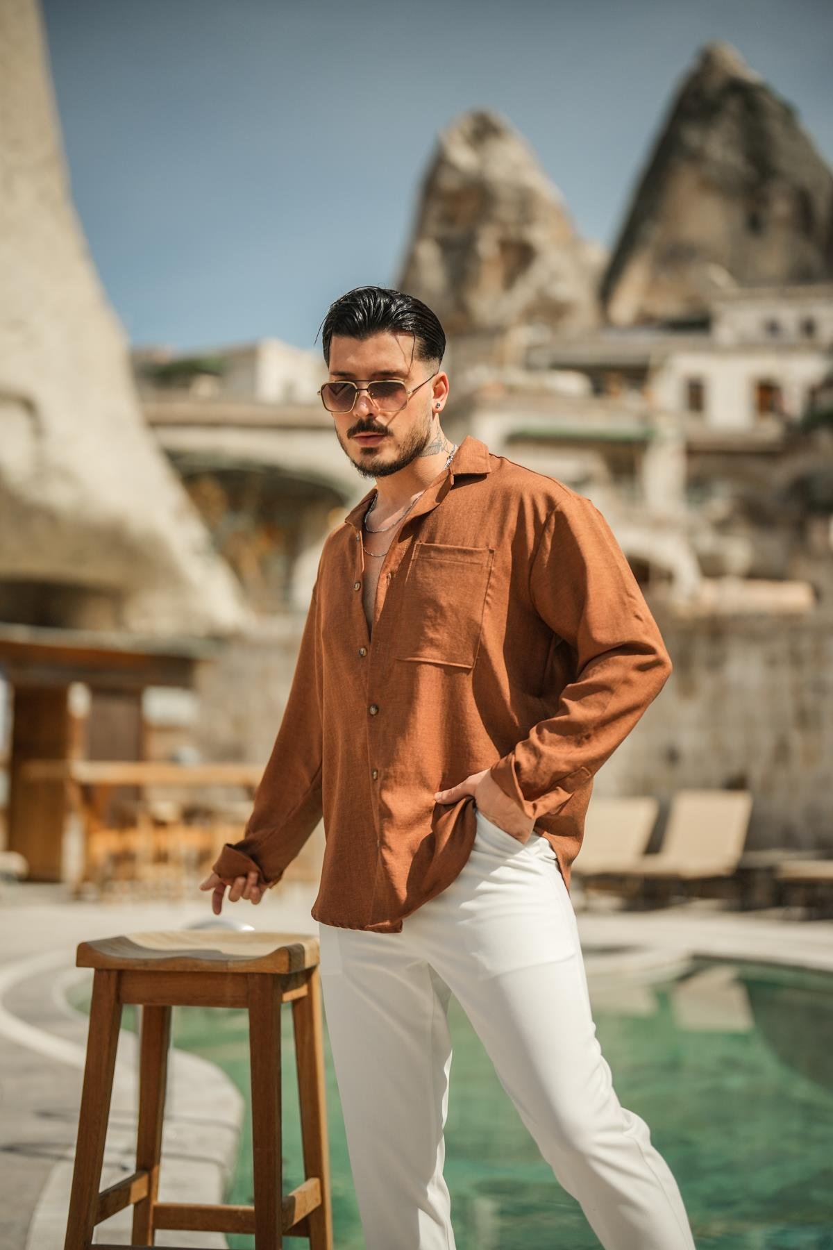 Tek Cepli Oversize Basic Gömlek Kahve