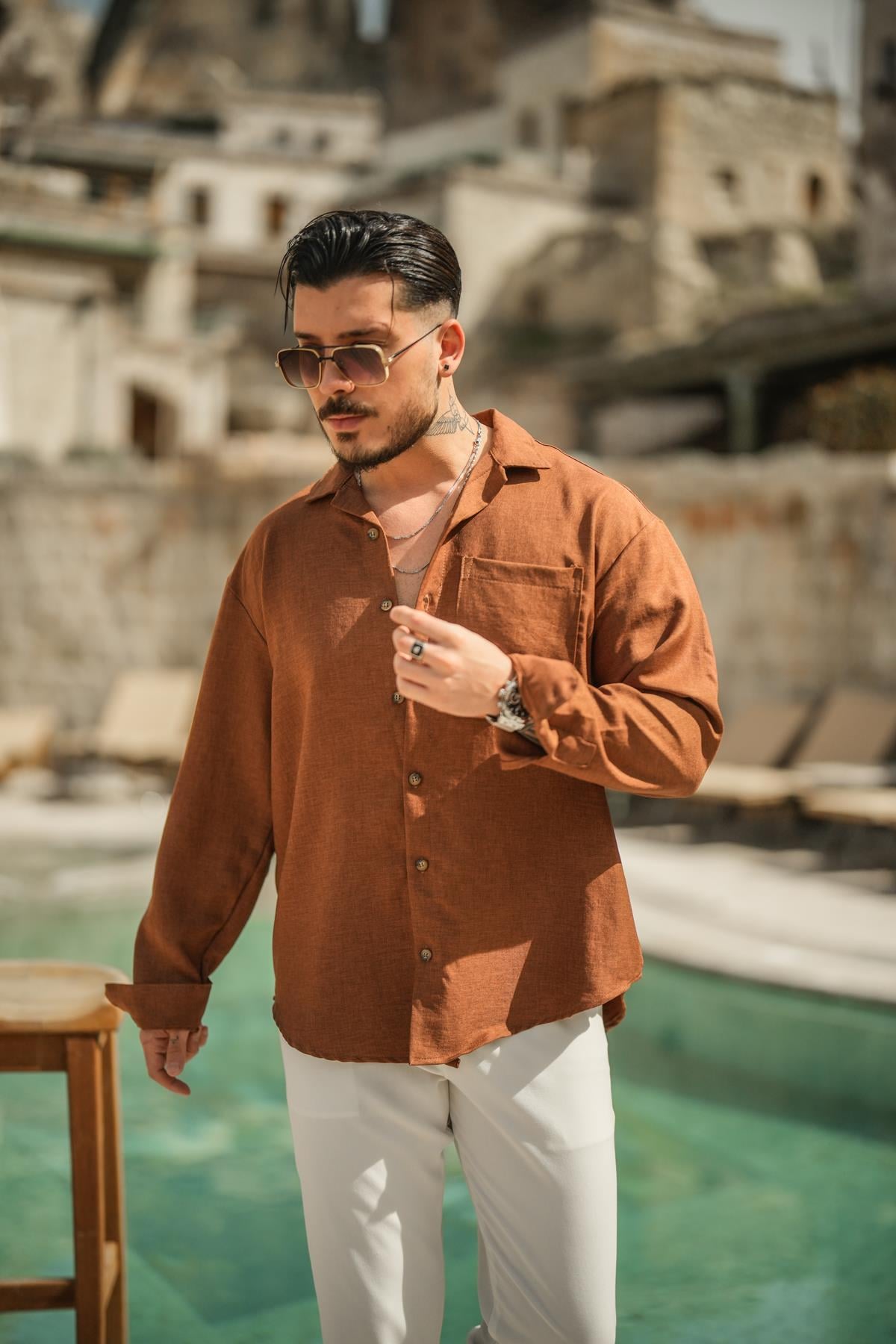 Tek Cepli Oversize Basic Gömlek Kahve