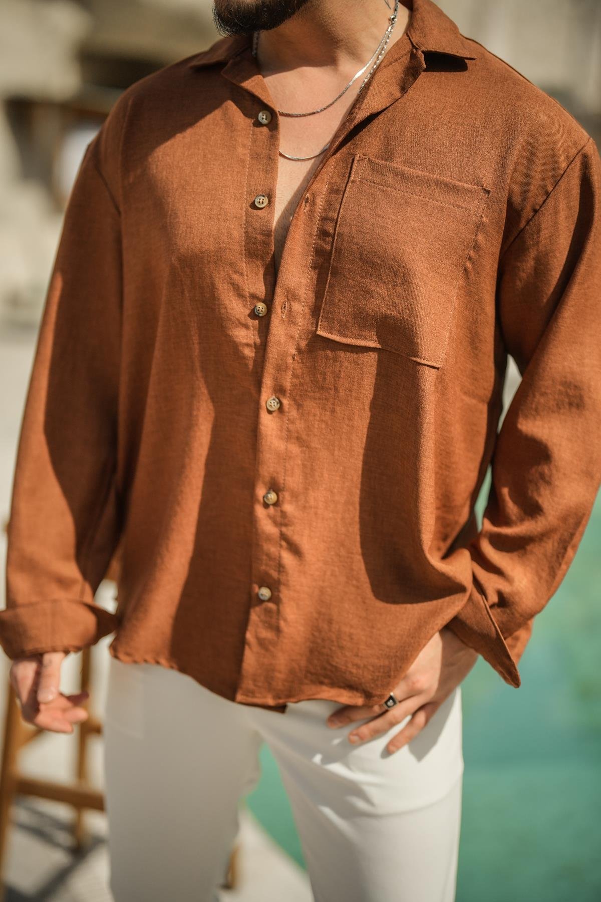 Tek Cepli Oversize Basic Gömlek Kahve