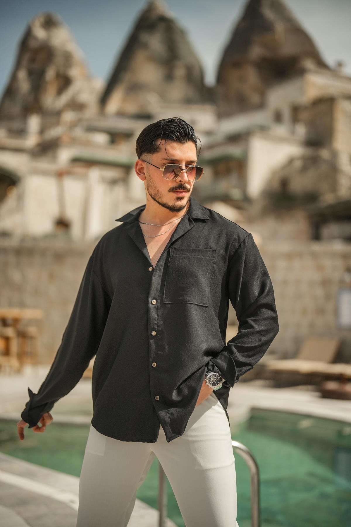 Tek Cepli Oversize Basic Gömlek Siyah