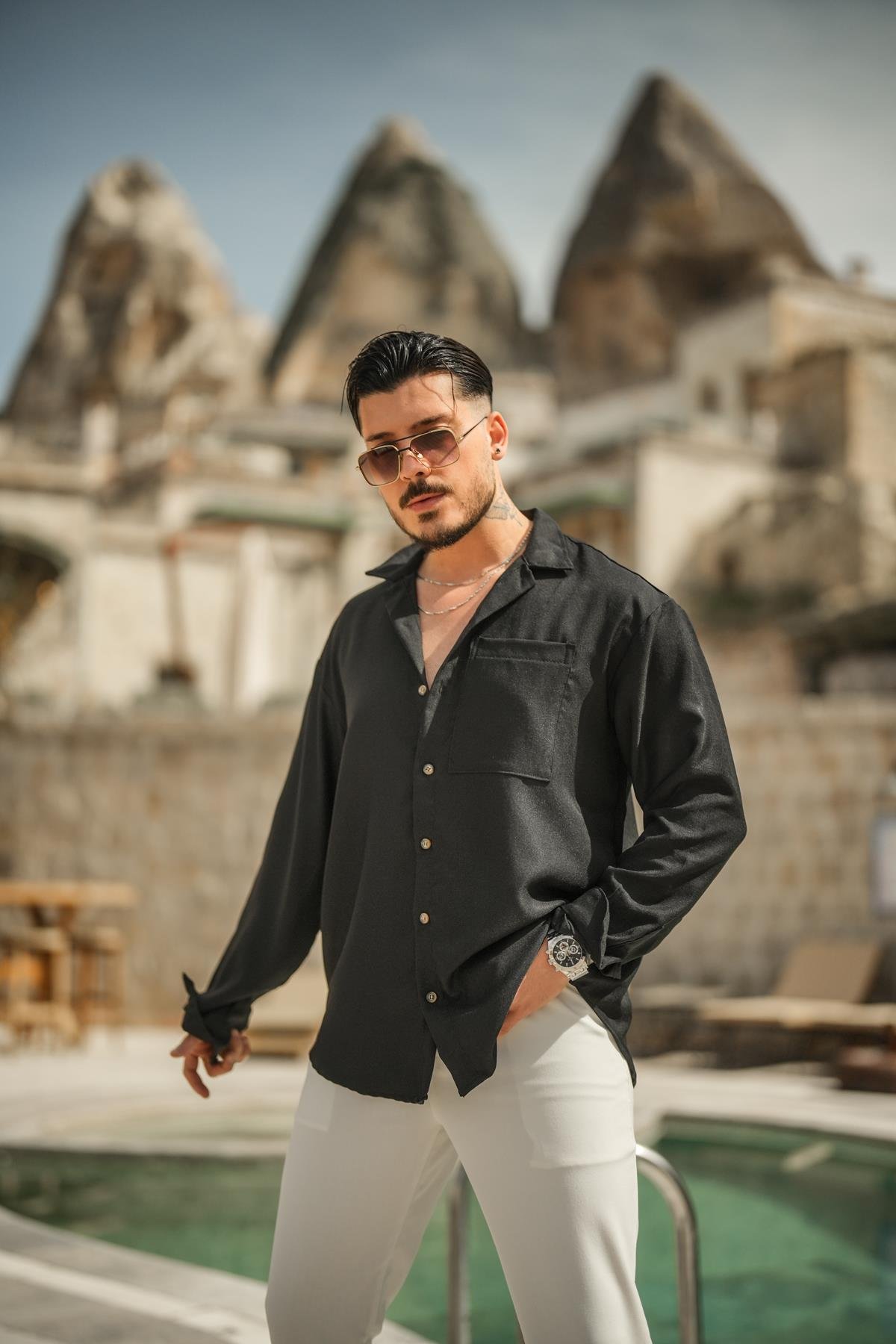 Tek Cepli Oversize Basic Gömlek Siyah