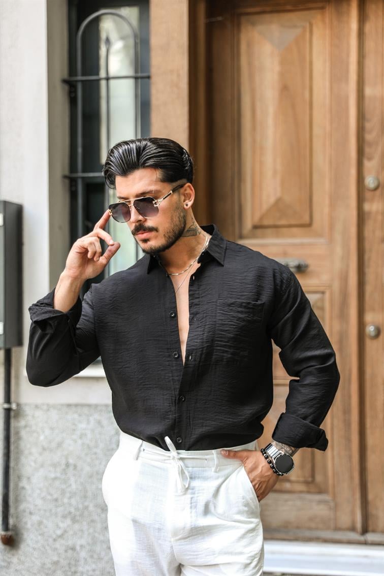 Tek Cepli Saten Oversize Gömlek Siyah