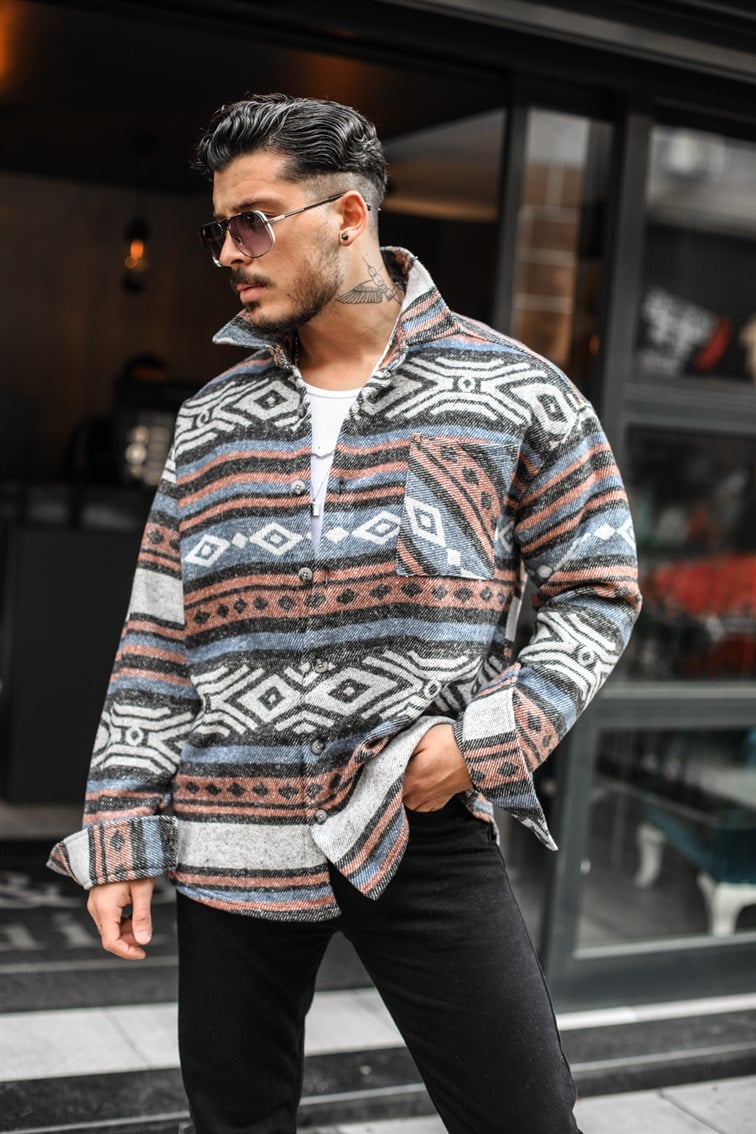 Tek Cepli Sembol Desenli Oduncu Oversize Gömlek