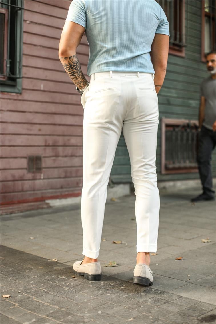 Tek Düğmeli Double Paça Kalem Pantolon Beyaz