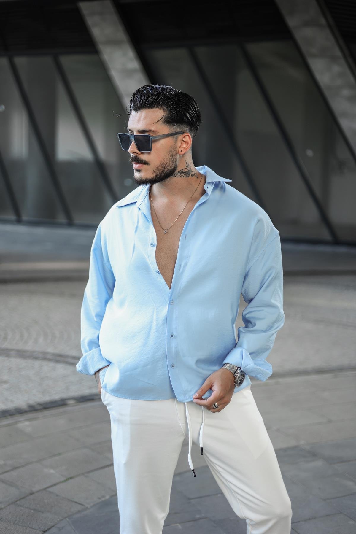 Tensel Kumaş Basic Oversize Gömlek Açık Mavi