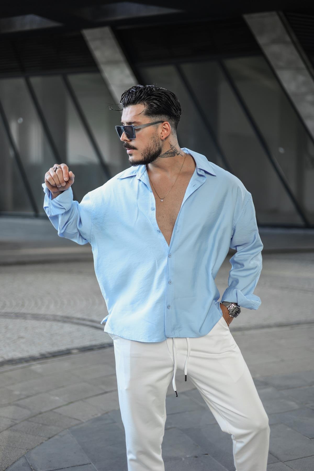 Tensel Kumaş Basic Oversize Gömlek Açık Mavi