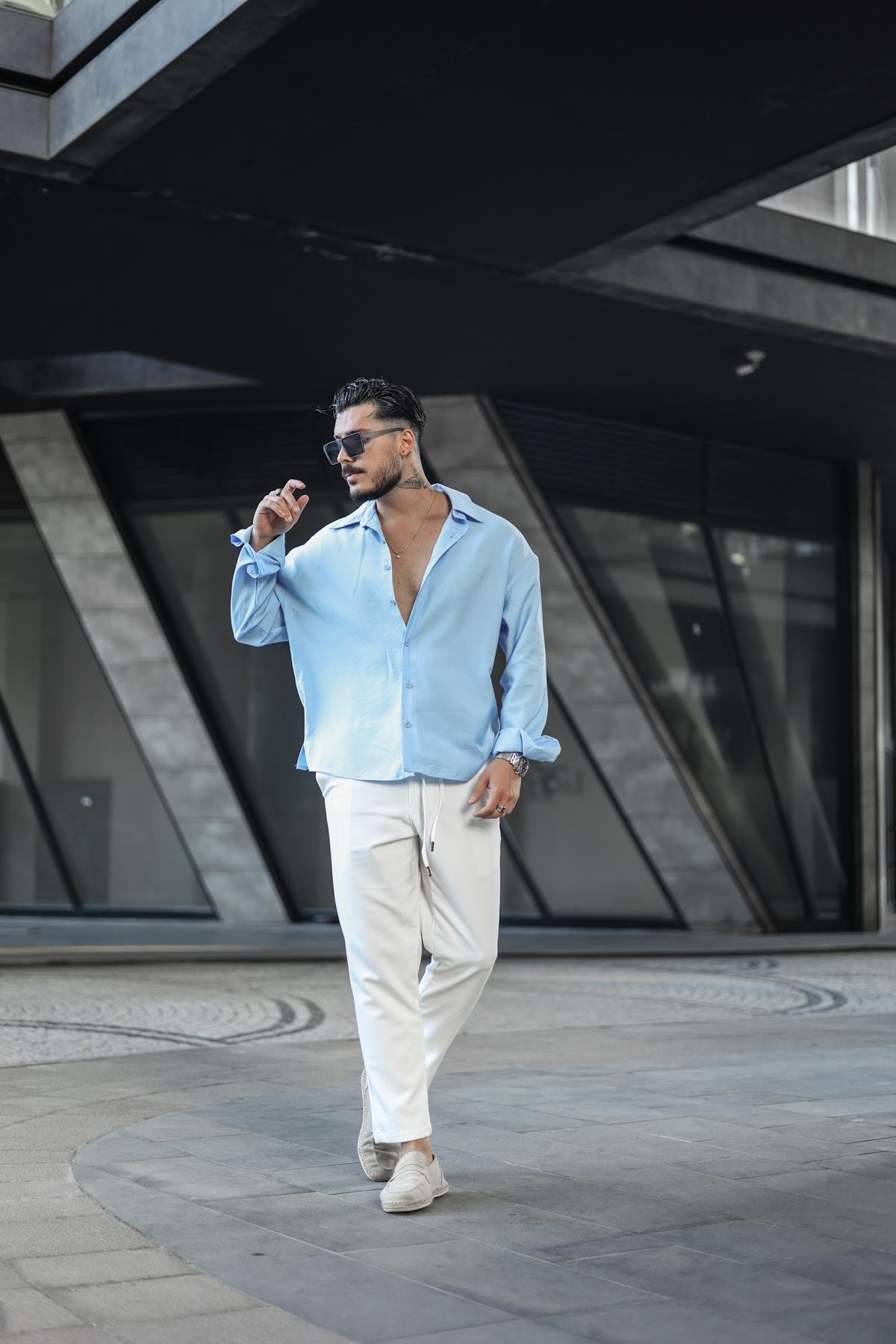 Tensel Kumaş Basic Oversize Gömlek Açık Mavi