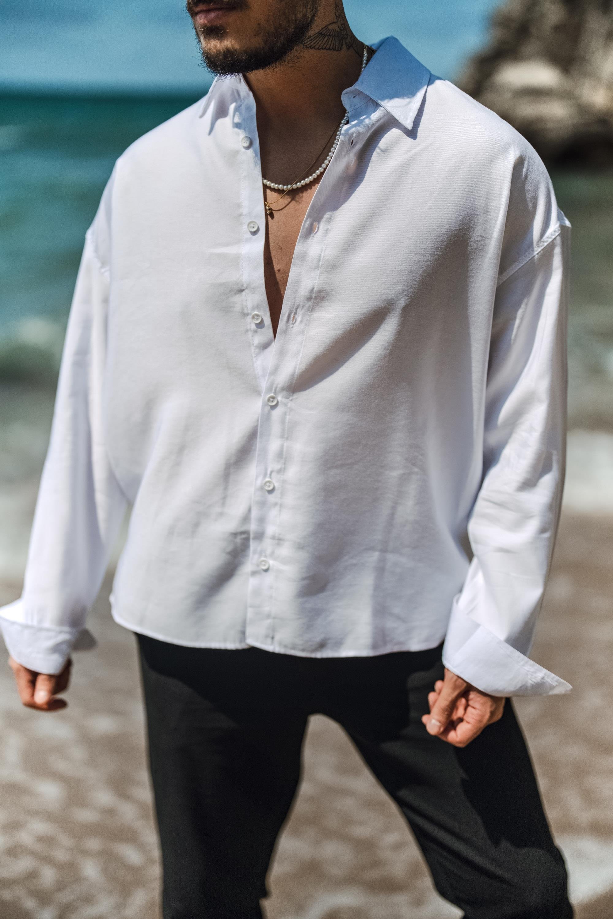 Tensel Kumaş Basic Oversize Gömlek Beyaz