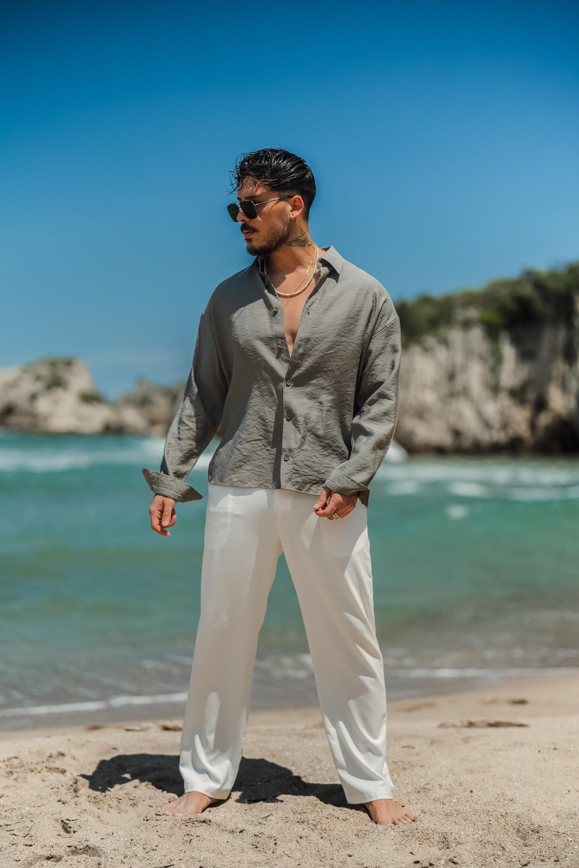 Tensel Kumaş Basic Oversize Gömlek Haki