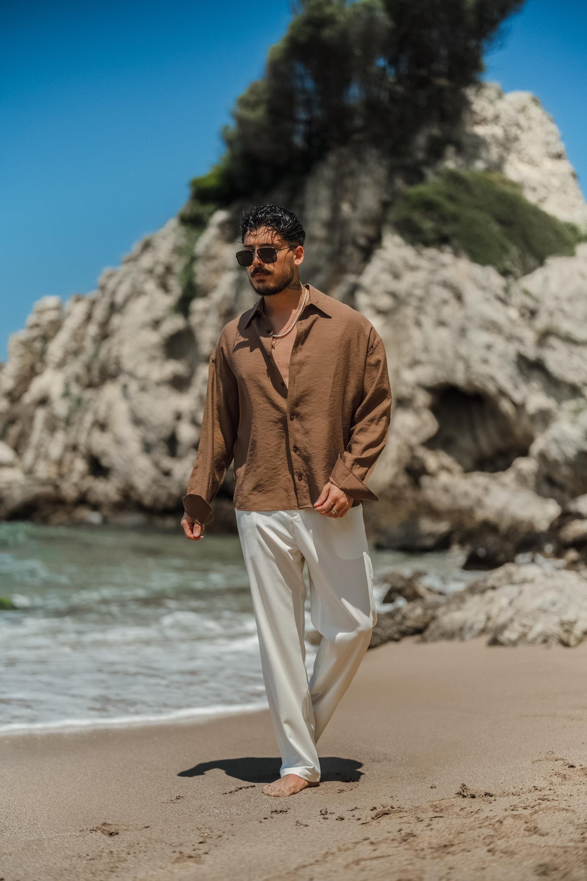 Tensel Kumaş Basic Oversize Gömlek Kahve
